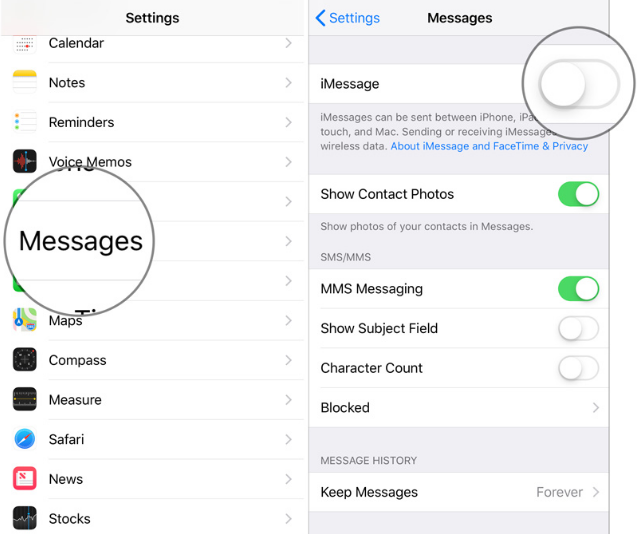 turn off imessage on iphone and ipad