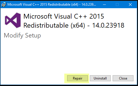 Microsoft Visual C++ 2015 Redistributable Repair