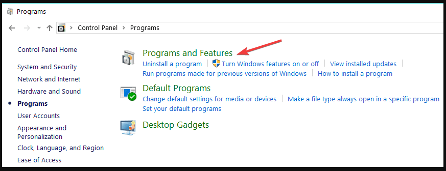 programs and features windows 10