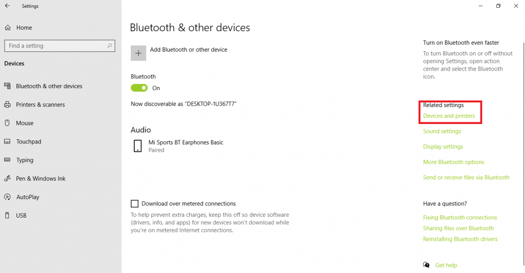 Device and printers option in windows 10