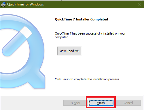 quicktime for windows installation completed