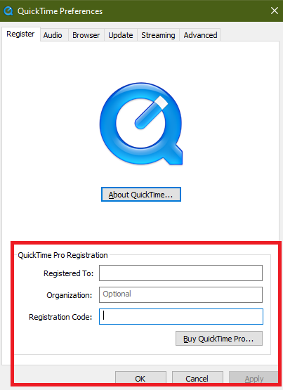registration Key to activate quicktime 7 pro for windows