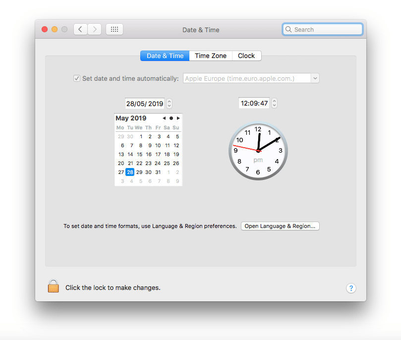 date and time setting on macos